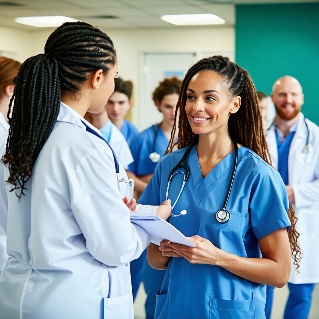 picture of the inside of a healthcare setting doctors and nurses in scrubs and labcoats stethoscope around someones neck medical professionals talking with patients kindly-3